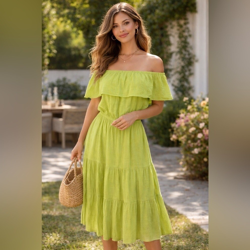 Tacera Lime Green Gauze Off Shoulder Tiered Midi Dress Women's Medium